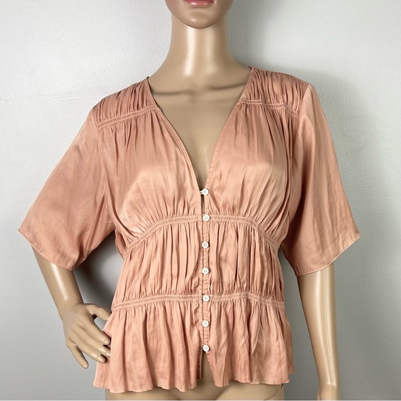 FRAME PINK SHIRRED V-NECK BLOUSE - Picture 2 of 11